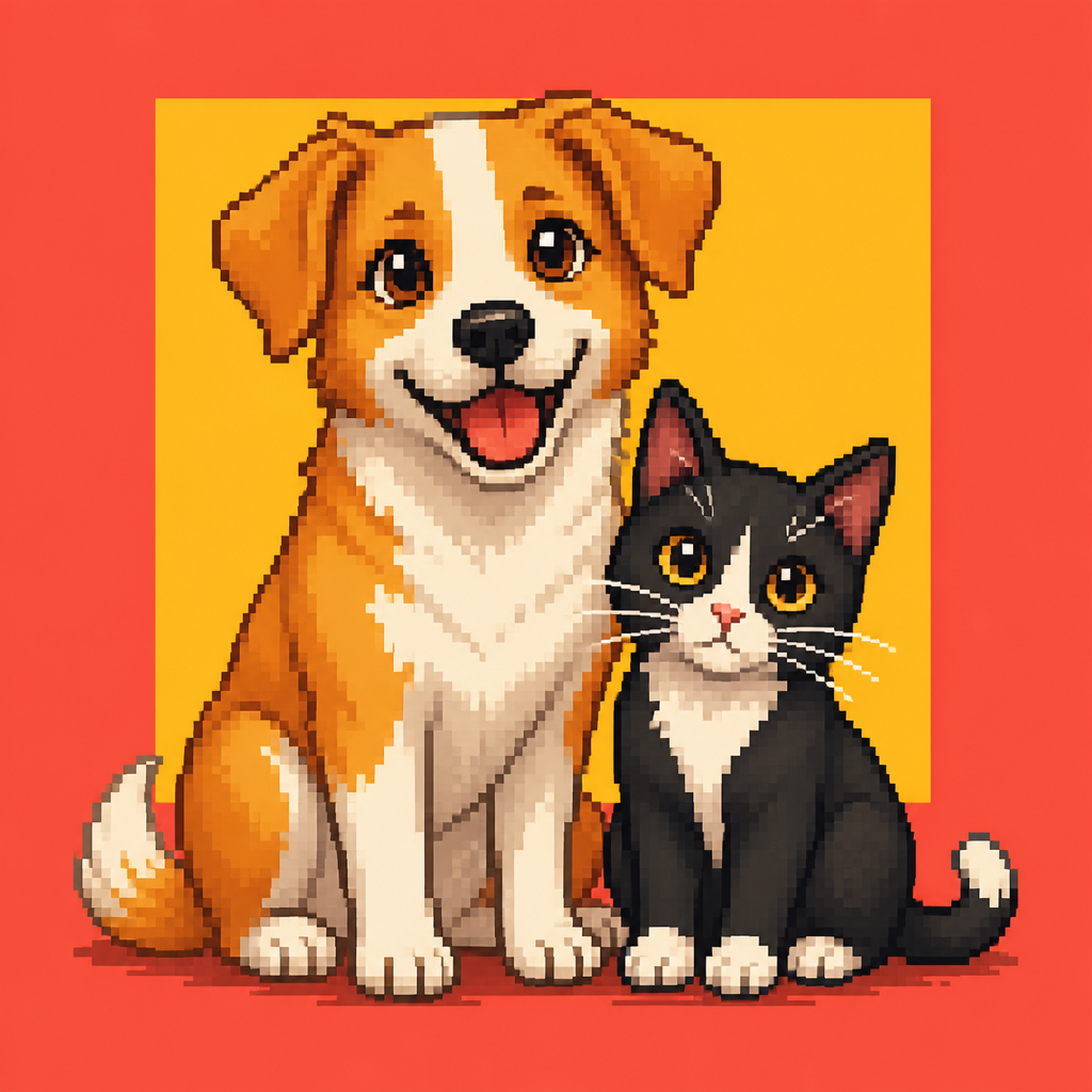 Pixel-art rescue dog and cat sitting together
